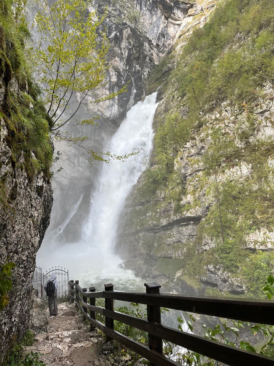 Hiker viewing powerful waterfall cascading down steep, mossy canyon walls with wooden railing.