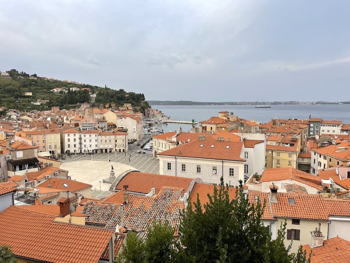 Coastal town with terracotta roofs overlooking a harbor and the sea, likely Piran, Slovenia.