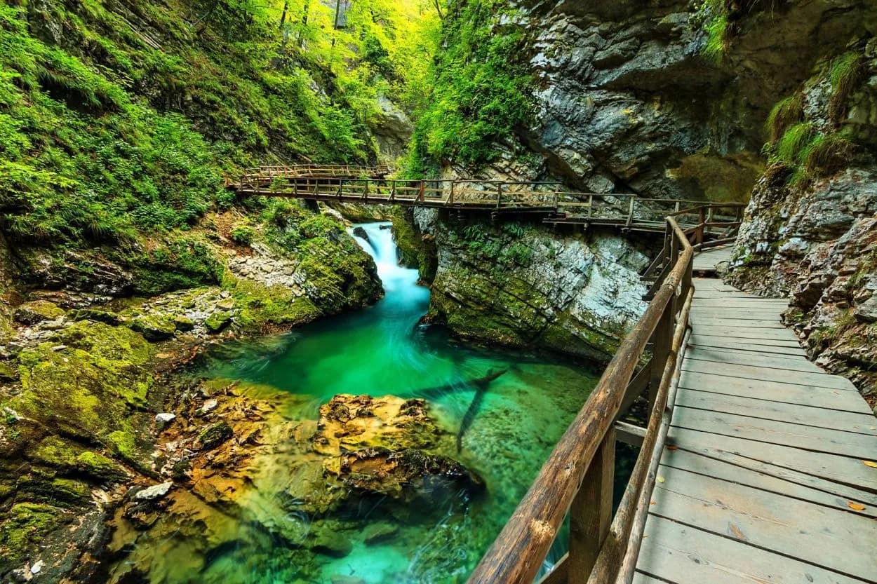 Wooden boardwalk trail alongside emerald green water and small waterfall in Vintgar Gorge.
